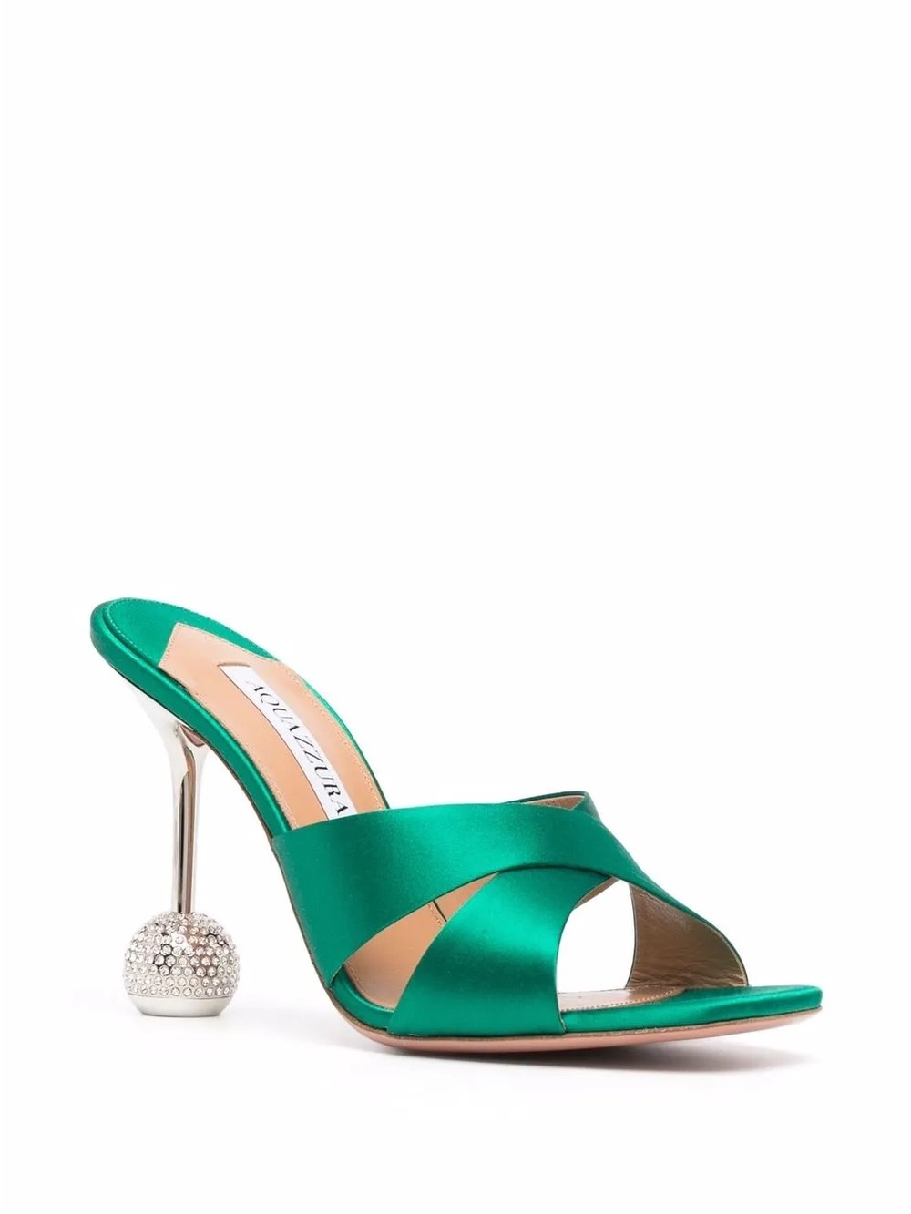 Aquazzura Yes Darling Embellished-heel Satin Mules In Emerald
